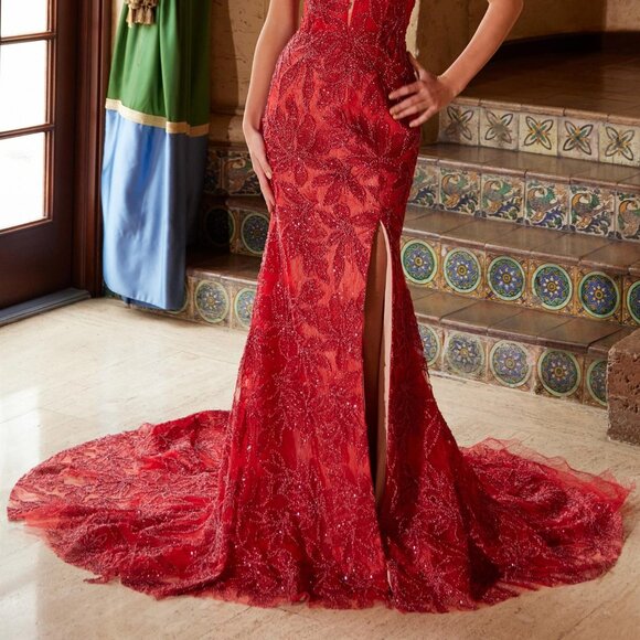 NEW OFF SHOULDER LONG TULLE PROM DRESS W/ BEADS EMBROIDERY & TRAIN NX C1600 - Picture 9 of 12